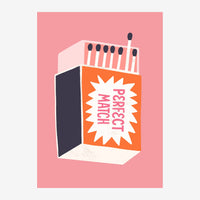 Illustration d'une boîte d'allumettes vintage rose et orange avec un badge blanc en étoile, sur fond rose, en style pop art.