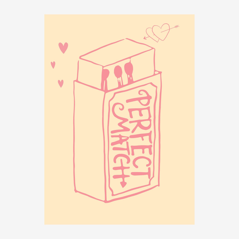 Illustration d'une boîte d'allumettes rose avec l'inscription « Perfect Match » entourée de cœurs sur fond beige crème.