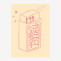 Illustration d'une boîte d'allumettes rose avec l'inscription « Perfect Match » entourée de cœurs sur fond beige crème.