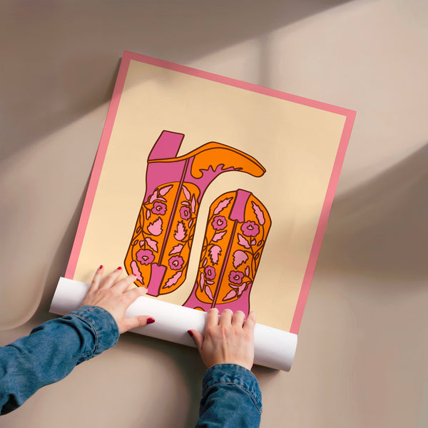 Bottes de Cowgirl rétro rose et orange pop art — Poster HP mat