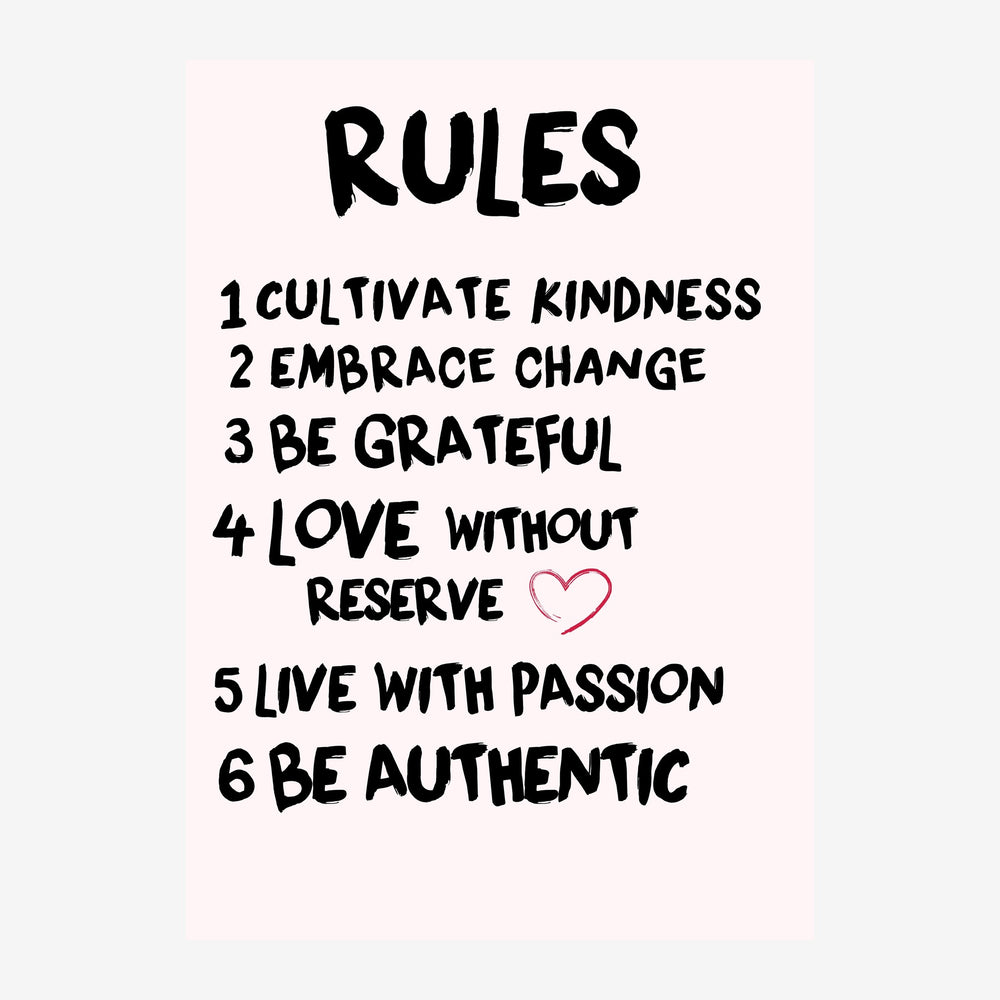 Affiche avec le texte « RULES » suivi d'une liste numérotée de six principes de vie en lettres noires manuscrites sur fond.