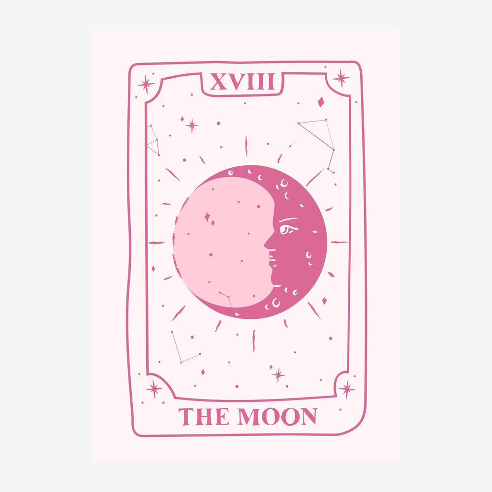 Affiche de tarot vintage montrant un visage lunaire blanc et rose stylisé au centre, entouré d'étoiles et de constellations.
