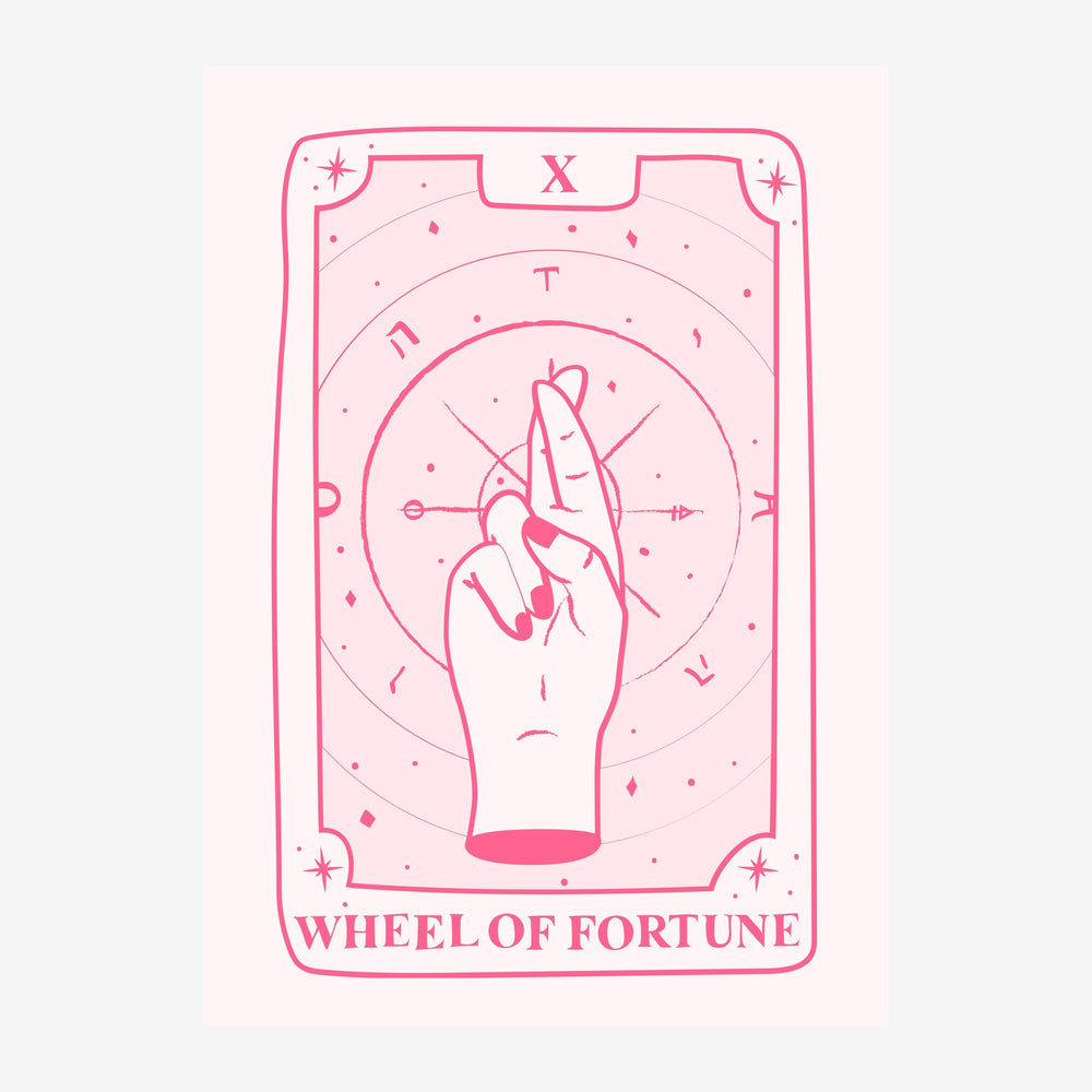 Affiche cartomantique rose et blanc montrant une main tenant une roue de fortune, entourée de symboles et de motifs.