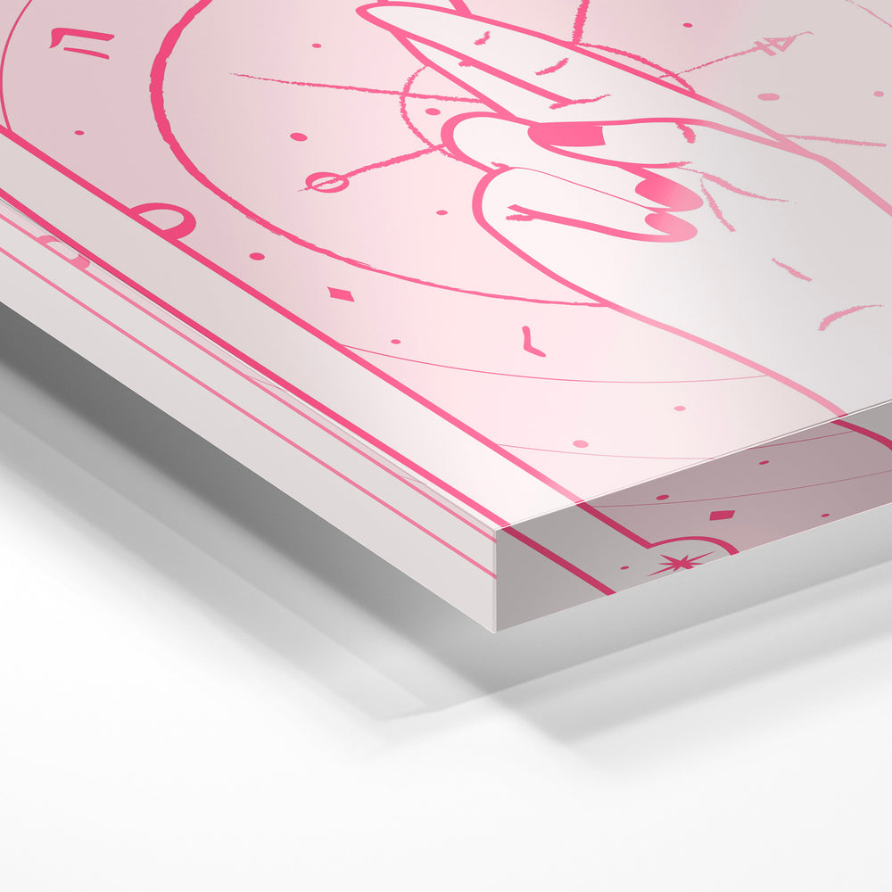 Gros plan de la matière : le tirage sous verre acrylique, tranche transparente visible.