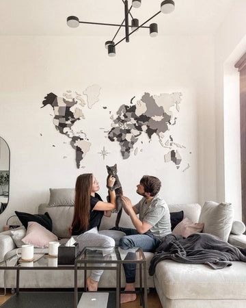 Décoration bois carte du monde grise 3D