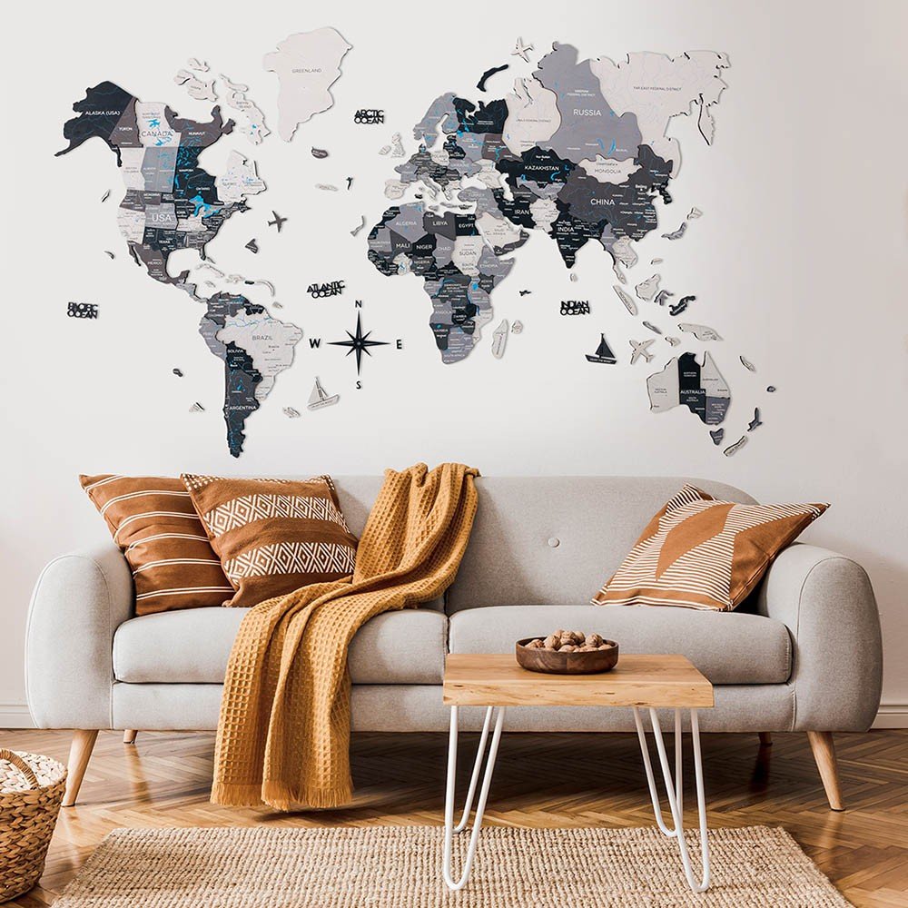 Décoration bois carte du monde grise 3D