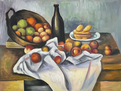 Nature Morte avec Bouteille et Panier de Pommes par Paul Cézanne - Reproduction de Peinture à l'Huile