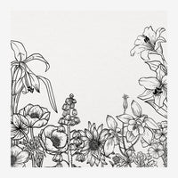 Illustration au trait noir représentant des fleurs variées - marguerites, lys et fleurs en clochettes - encadrant un espace.