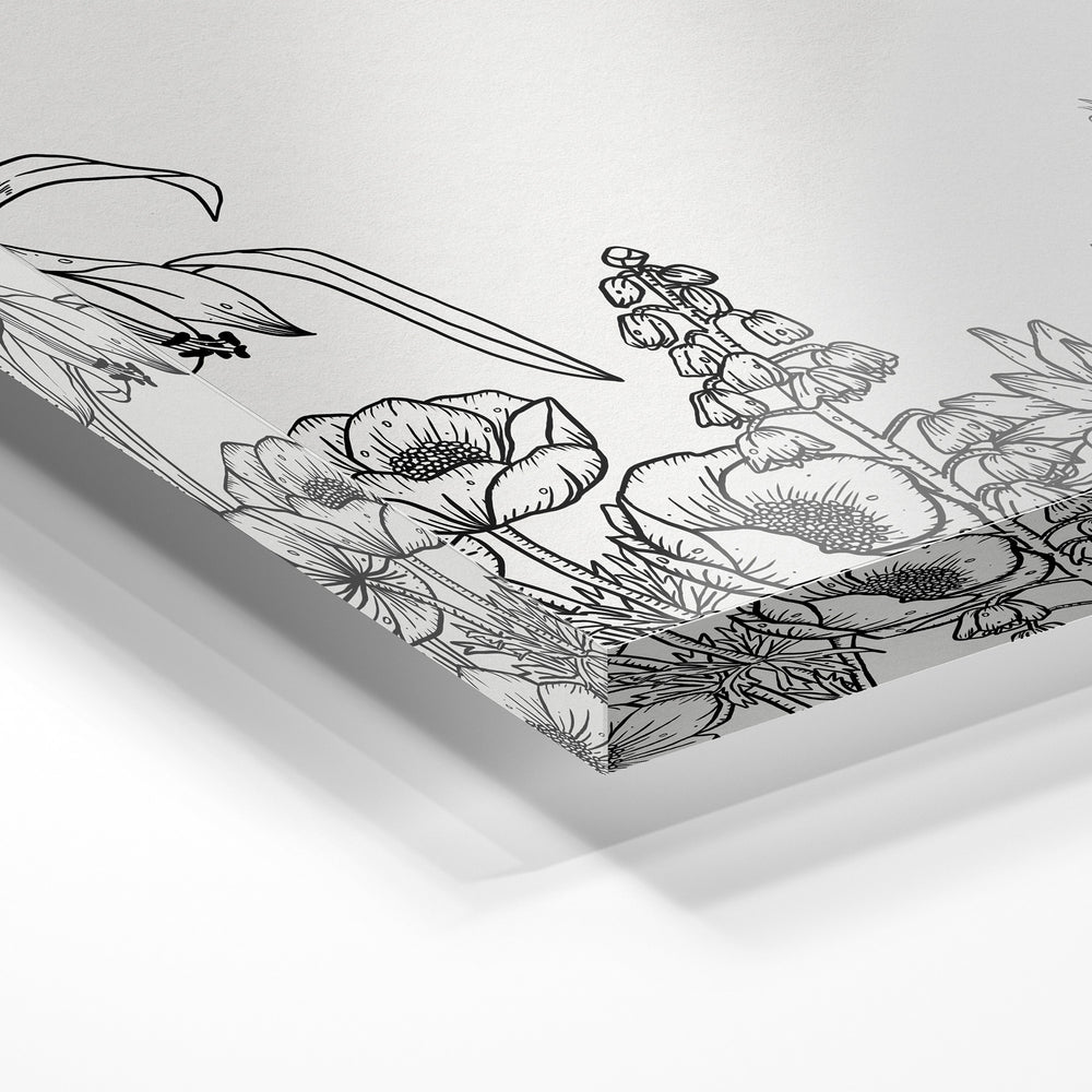 Gros plan de la matière : le tirage sous verre acrylique, tranche transparente visible.