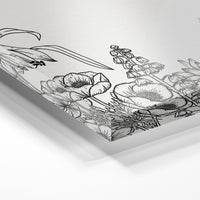 Gros plan de la matière : le tirage sous verre acrylique, tranche transparente visible.