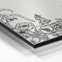 Gros plan de la matière : le tirage contrecollé sur aluminium Dibond mat, tranche visible.