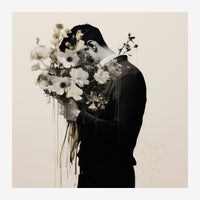 Silhouette en noir et blanc d'un homme de profil tenant un bouquet de fleurs blanches, avec double exposition créant une.