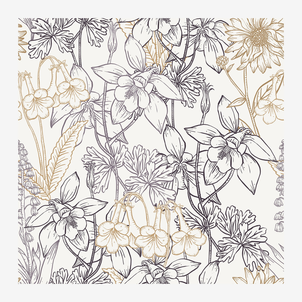 Composition florale en ligne fine sur fond beige clair, alternant traits noirs et dorés, représentant diverses fleurs et.