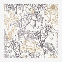 Composition florale en ligne fine sur fond beige clair, alternant traits noirs et dorés, représentant diverses fleurs et.