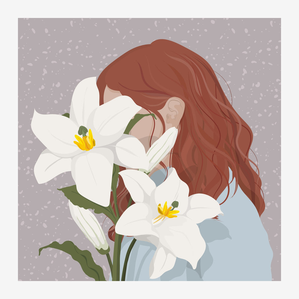 Portrait illustré d'une femme aux cheveux roux bouclés se penchant sur des fleurs blanches à cœur jaune sur fond gris.