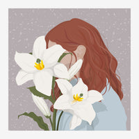 Portrait illustré d'une femme aux cheveux roux bouclés se penchant sur des fleurs blanches à cœur jaune sur fond gris.