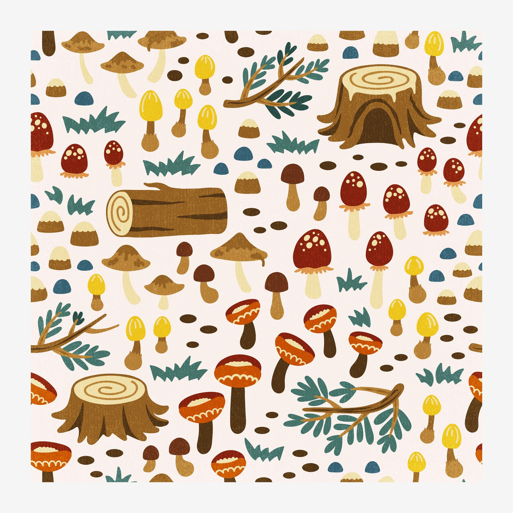 Motif illustré sur fond blanc montrant une variété de champignons rouge, jaune et marron, des troncs d'arbres sciés, des.