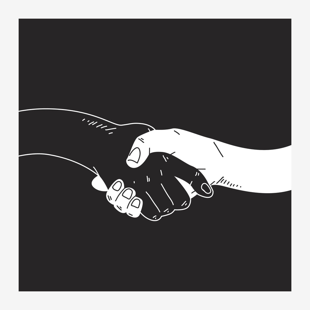 Deux mains se serrant en line art blanc sur fond noir, style minimaliste épuré.