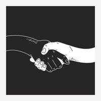 Deux mains se serrant en line art blanc sur fond noir, style minimaliste épuré.