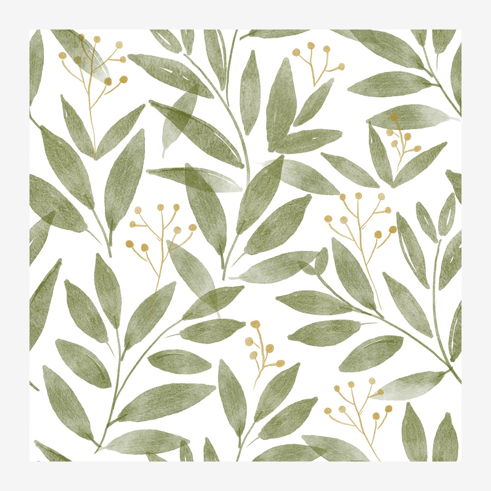Motif botanique répété montrant des feuilles vert sage et des baies dorées sur fond blanc, style aquarelle.