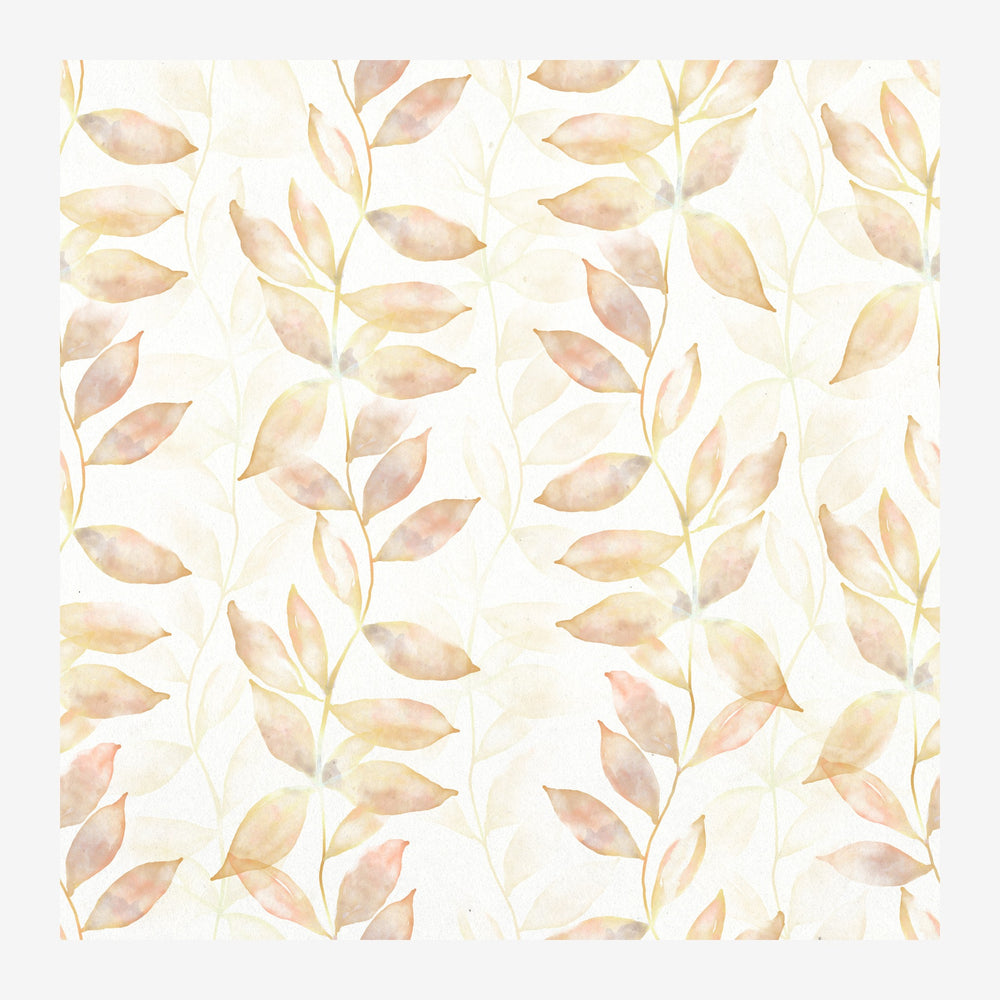 Motif répétitif de branches avec feuilles stylisées en beige, rose poudré et jaune sur fond crème.