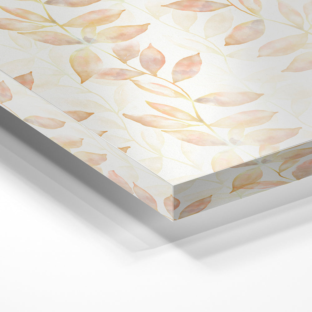 Gros plan de la matière : le tirage sous verre acrylique, tranche transparente visible.