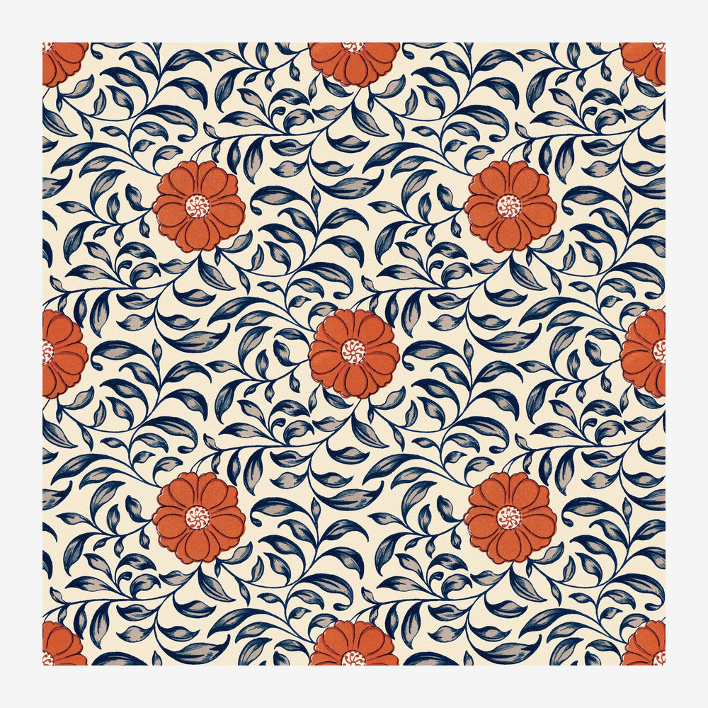 Motif textile répétitif composé de fleurs rouges à cœur blanc et de feuillages bleus sinueux sur fond crème