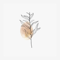 Branche stylisée avec traits fins noirs et tache aquarelle beige-or sur fond clair.