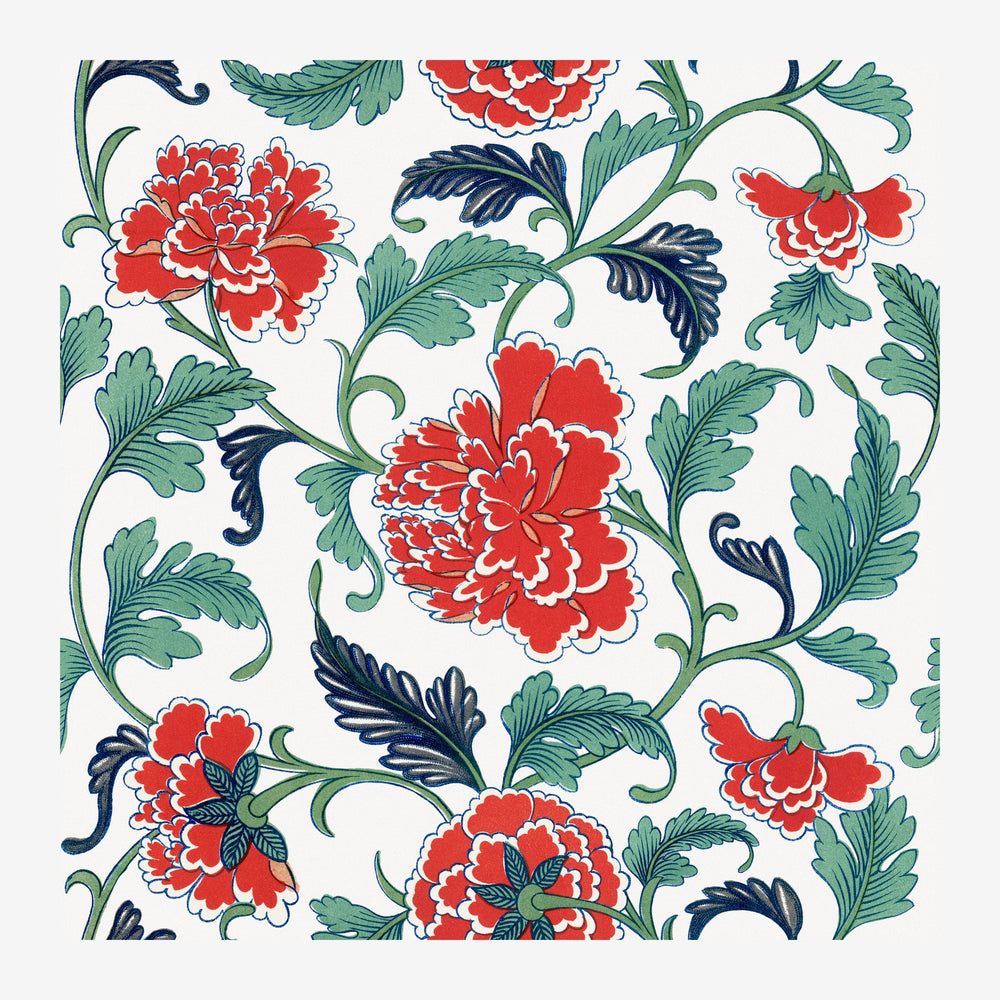 Motif floral symétrique présentant des pivoines rouges aux pétales détaillés, des feuillages verts et des branches bleues.