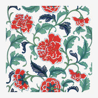 Motif floral symétrique présentant des pivoines rouges aux pétales détaillés, des feuillages verts et des branches bleues.