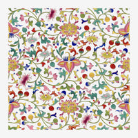 Motif ornemental sur fond crème avec branches ondulantes, fleurs jaunes et roses, oiseaux colorés et fruits multicolores.
