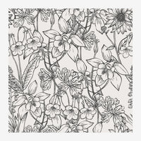 Illustration botanique représentant un dense jardin de fleurs variées dessinées en traits noirs sur fond blanc, dans un.
