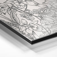 Gros plan du relief : la surépaisseur d'encre en lumière rasante sur aluminium Dibond.