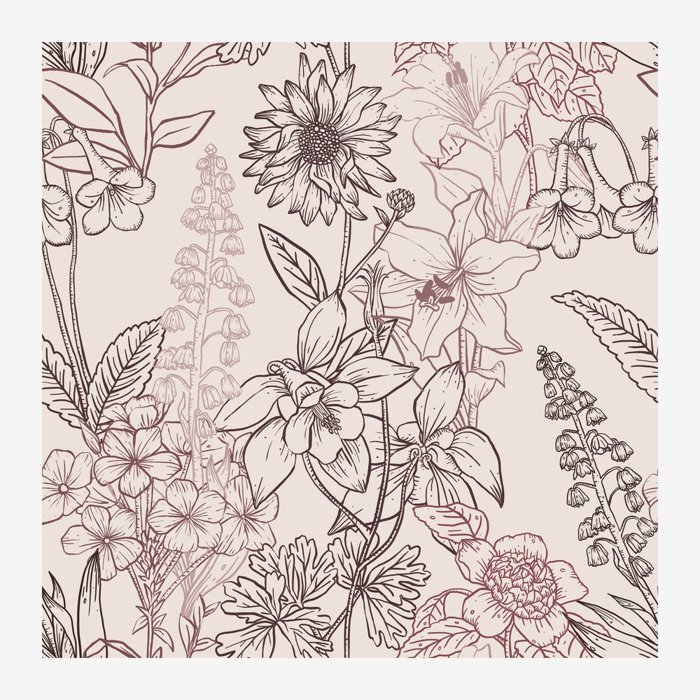 Composition de fleurs et de feuillages en traits noirs et rose mauve sur fond beige clair, style line art minimaliste.