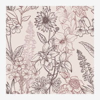 Composition de fleurs et de feuillages en traits noirs et rose mauve sur fond beige clair, style line art minimaliste.