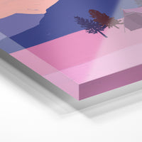 Gros plan de la matière : le tirage sous verre acrylique, tranche transparente visible.
