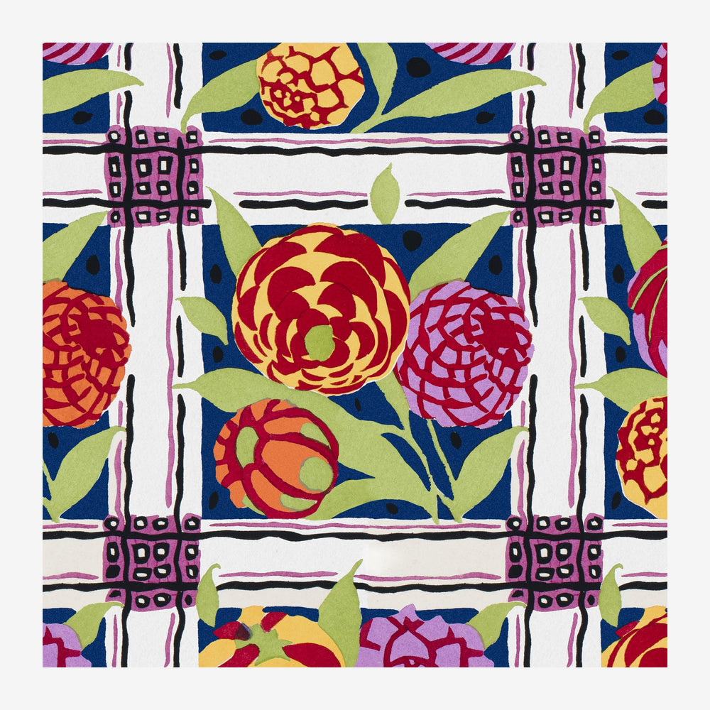 Affiche pop art avec fleurs rouges et jaunes, feuilles vertes, sur fond bleu marine, traversée d'une grille géométrique.