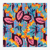 Motif psychédélique composé de fleurs jaunes aux pétales pleins, de feuilles roses et de tiges turquoise sur un fond.