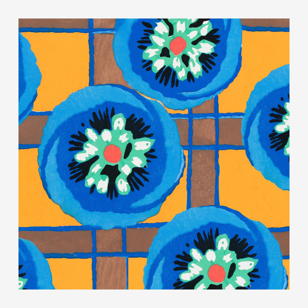 Motif géométrique pop-art répétant des fleurs stylisées aux pétales blancs et noirs, centres rouges et verts, inscrites dans.