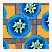 Motif géométrique pop-art répétant des fleurs stylisées aux pétales blancs et noirs, centres rouges et verts, inscrites dans.