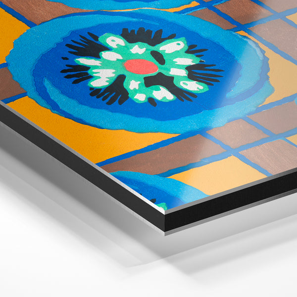 Fleurs bleu et ocre, style géométrique pop-art — Aluminium Dibond relief 3D