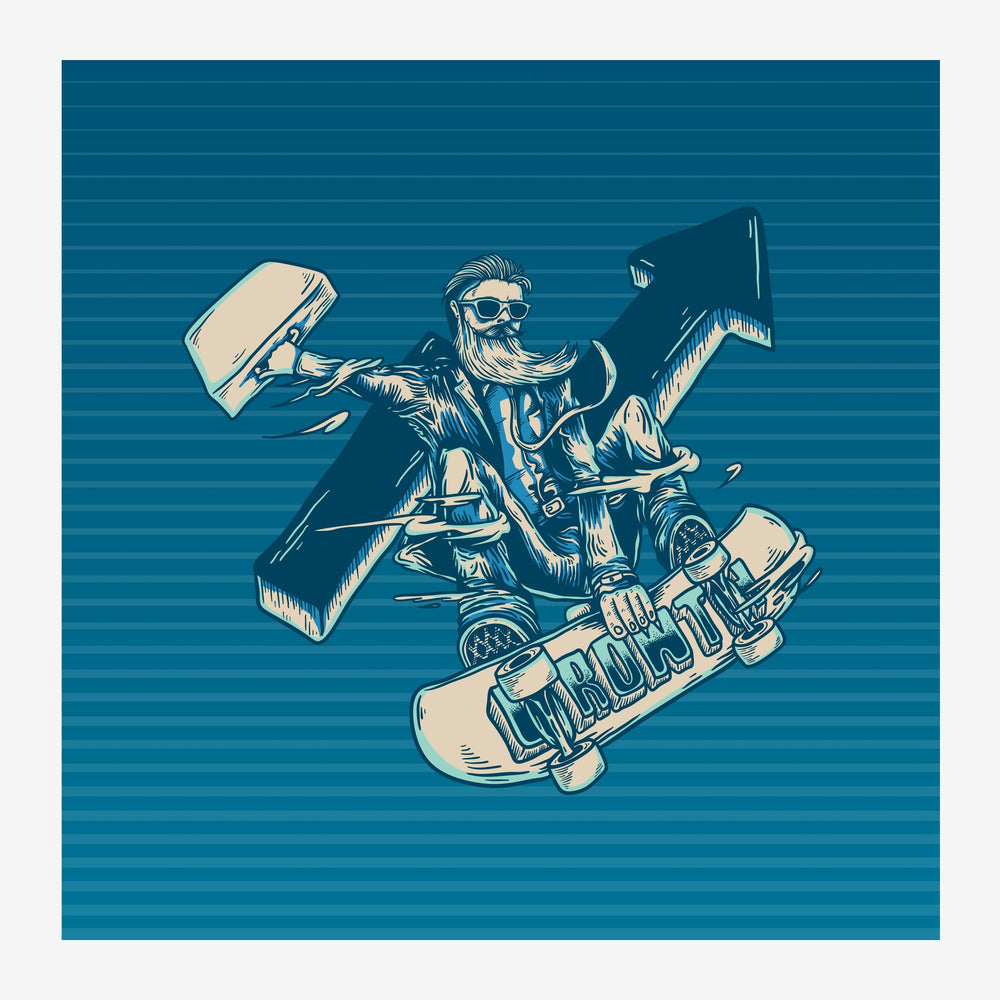Illustration pop-art d'un homme barbu aux lunettes chevauchant un skateboard en équilibre, tenant une mallette et une flèche.