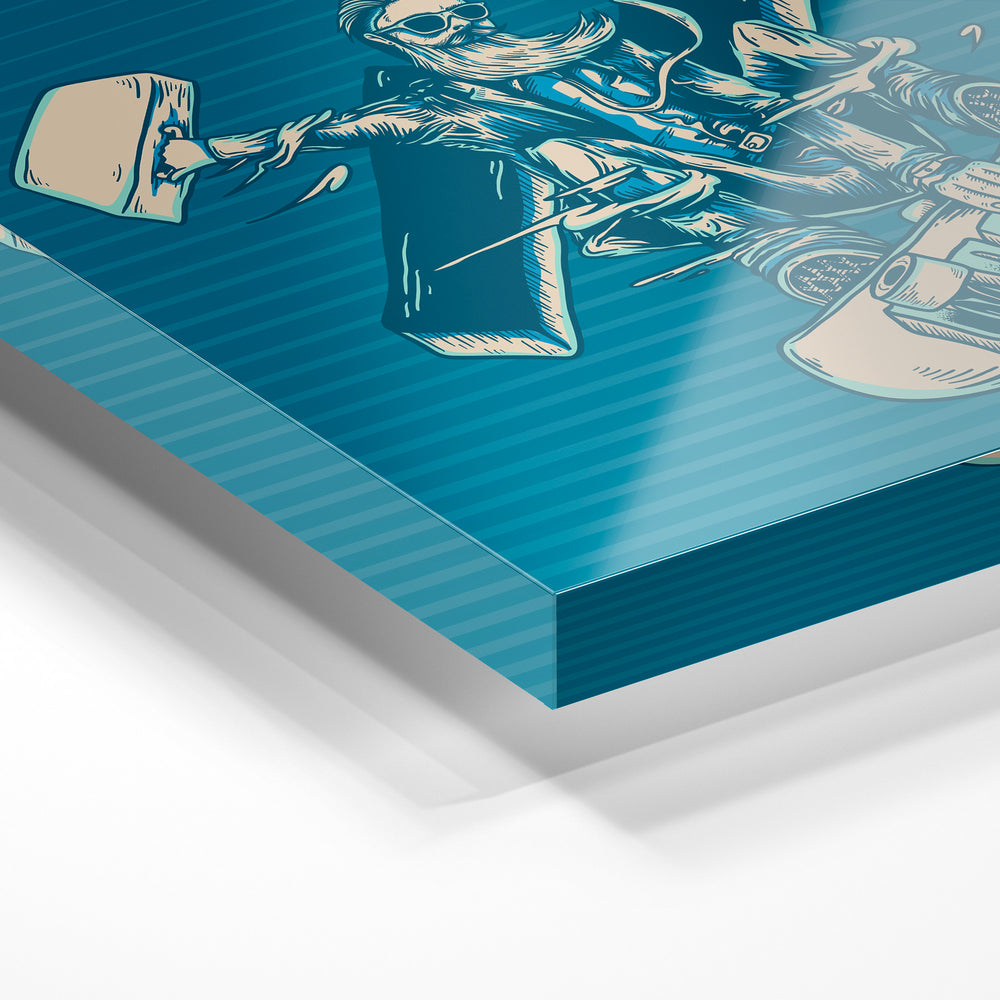 Gros plan de la matière : le tirage sous verre acrylique, tranche transparente visible.