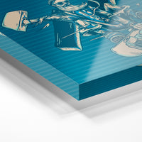 Gros plan de la matière : le tirage sous verre acrylique, tranche transparente visible.