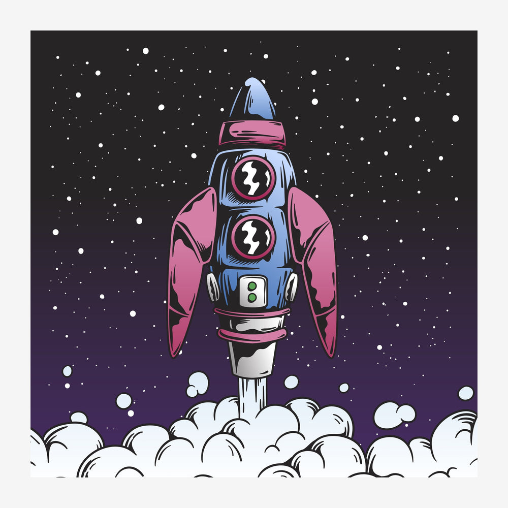 Fusée cartoon rose et bleue décollant au milieu d'un ciel étoilé noir et violet, sur un nuage de fumée blanche.