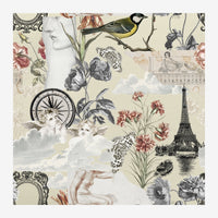 Collage graphique composé de gravures classiques, fleurs rose poudré, silhouettes de chérubins, oiseau aux ailes dorées.