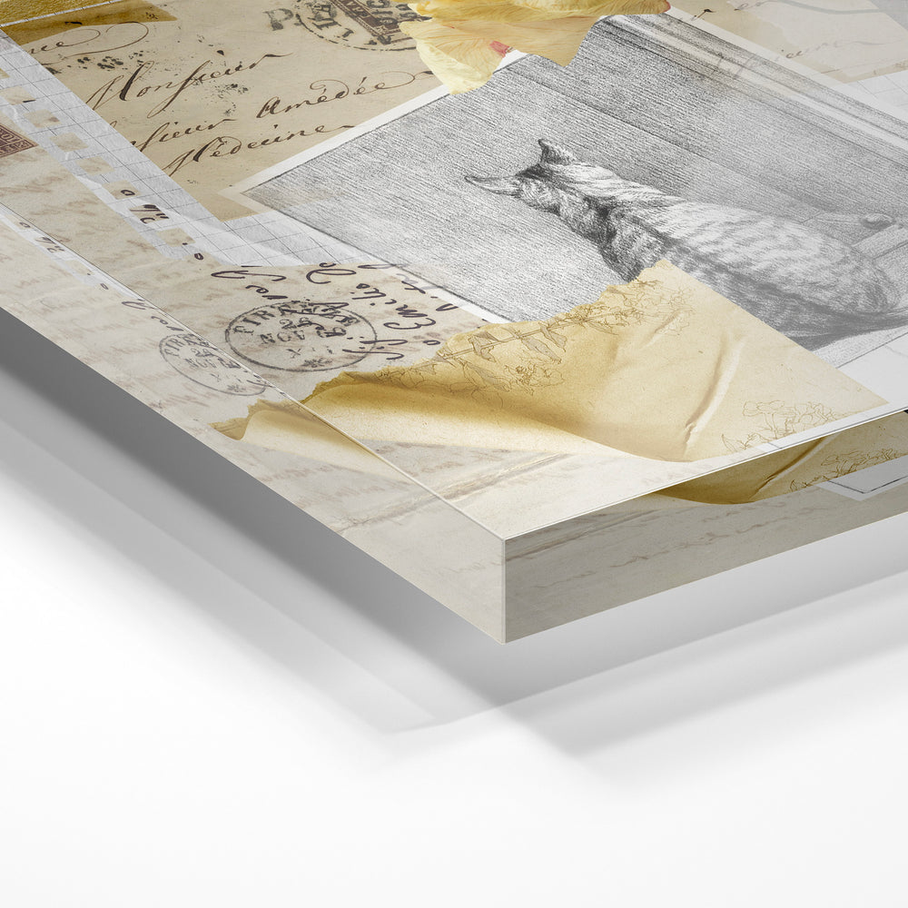 Gros plan de la matière : le tirage sous verre acrylique, tranche transparente visible.