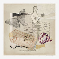 Composition collage rétro associant une femme élégante en illustration de mode, un papillon aux ailes détaillées, une tulipe.