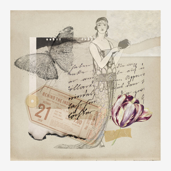 Composition collage rétro associant une femme élégante en illustration de mode, un papillon aux ailes détaillées, une tulipe.