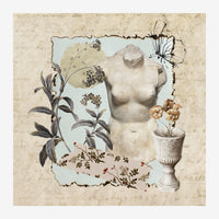 Composition carrée montrant un buste blanc en plâtre entouré de plantes aux feuilles foncées, de fleurs terracotta dans un.